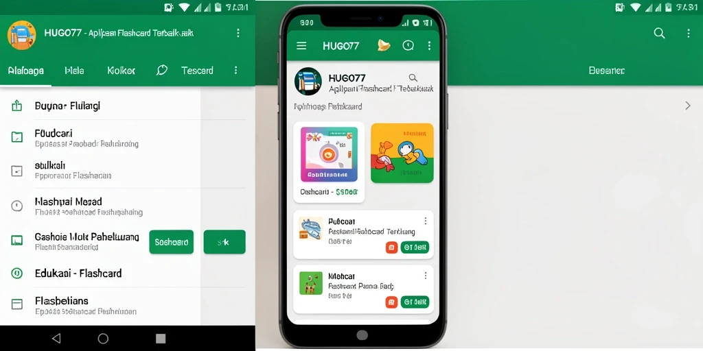Antarmuka HUGO77 menampilkan fungsi utama aplikasi Flashcard untuk belajar.