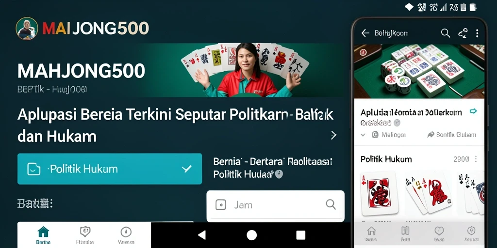 Tampilan antarmuka aplikasi MAHJONG500 tentang berita politik dan hukum.